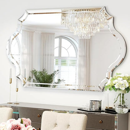 Chende 32"x47" Scalloped Large Wall Mirror for Decor Living Room, Arched Decorative Mirror with Clear Glass Frame and Beveled Edge, Modern Vertical/Horizontal Hanging, Gifts for Girls