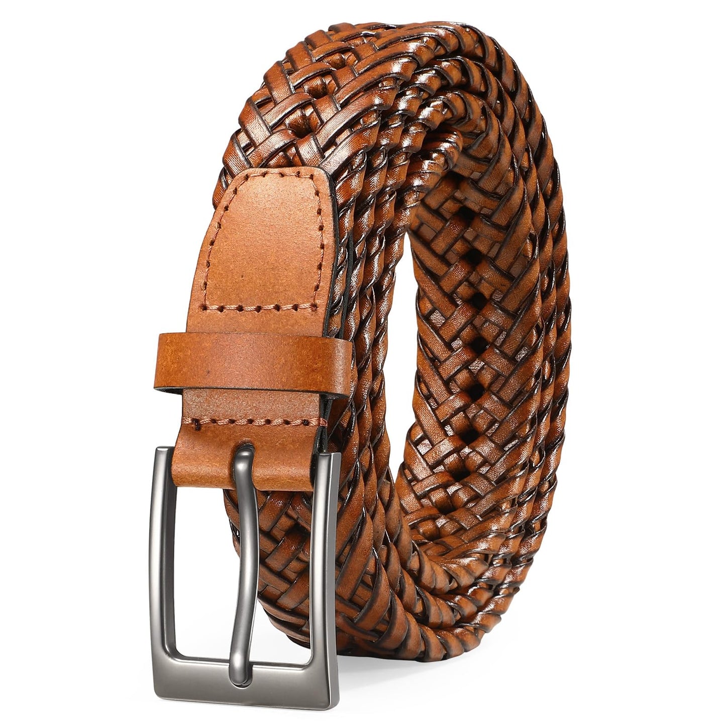 SUOSDEY Braided Genuine Leather Brown Belt for Men, 1.2" Width Men’s Casual Woven Leather Belt for Jeans Pants