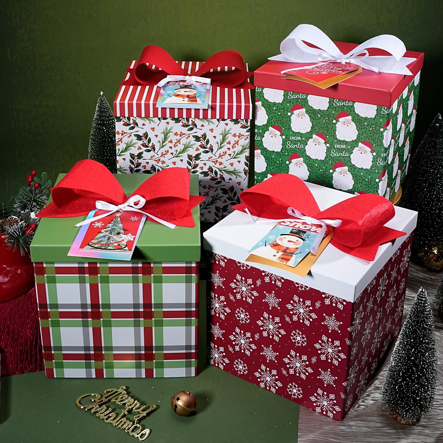 LaRibbons Large Christmas Gift Boxes with Lids,10x10x10 Inches Plaid Design Folding Square Gift Boxes for Christmas Decorative,Xmas,Present,Storage,Red and Green