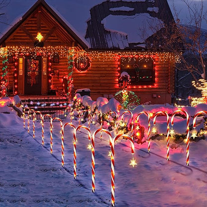 Christmas Decorations, 10 Pcs Christmas Candy Cane Lights with Star, 21'' Solar Pathway Lights with 8 Lighting Modes, Waterproof Garden Lights for Outdoor Christmas Patio Yard Walkway Decorations