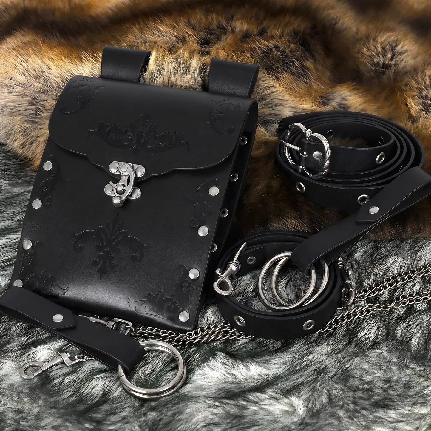 TobWeaL Renaissance Pirate Chain Belt Pouch Set - Medieval Viking Skirt Hike Faux Leather Waist Bag Costume Accessories for Cosplay (Black)
