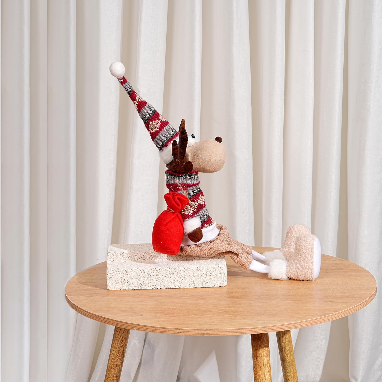Dedrian11 23.6’’ Christmas Sitting Reindeer Shelf Sitter Decor, Long Dangling Legs, Poseable Wired Hat & Arms, Nordic Knit Sweater, Mantel Shelf Tabletop Ornament, Weighted Bottom