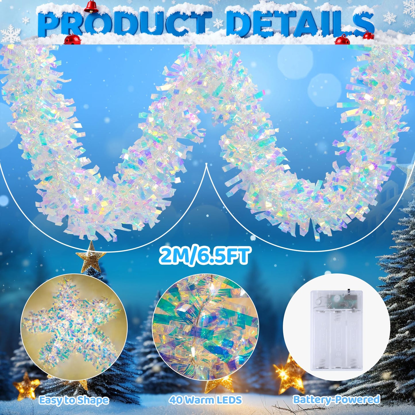 Christmas Garland with Lights, 6.5FT Iridescent Tinsel Garlands Battery Operated, Shiny Tinsel Foil Garland Indoor Hanging Home Decor, Garland for Wedding Birthday Holiday New Years Eve Party Supplies