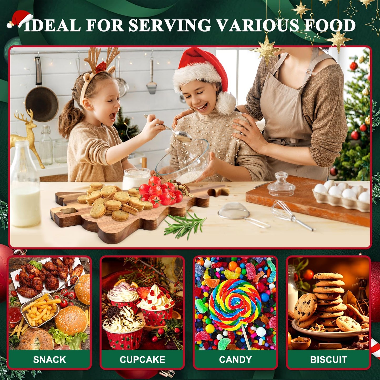 16.5" Wooden Christmas Tree Charcuterie Boards Acacia Wood Cutting Board with Handle Christmas Kitchen Decor Gifts Xmas Serving Cheese Board Festive Decorative Food Tray Holiday Xmas Tree Platters