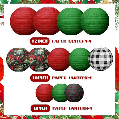 Bencailor 12 Pcs Christmas Hanging Paper Lanterns Set Decorative Party Round Hanging Lamps for Xmas Home Decoration Supplies Props Holiday Decor(12, 10, 8 Inch,Plaid)