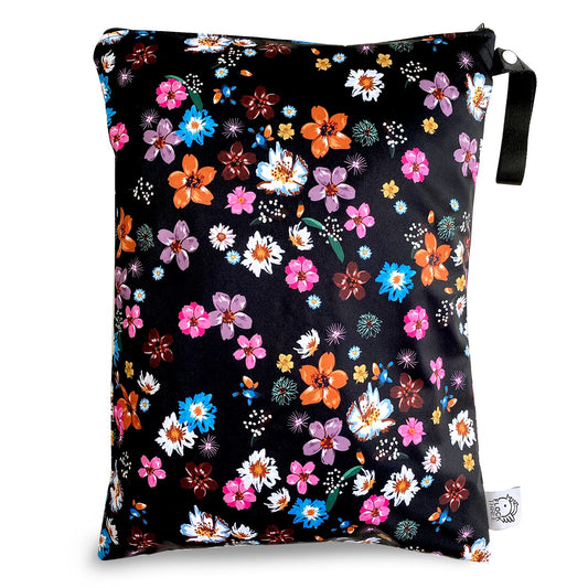 FLOCK THREE Washable and Reusable Wet Bag Diaper Bag Water Resistant Swimming Bag Pouch, Yoga Gym Bag Floral Print, 12.6'' x 16.5''