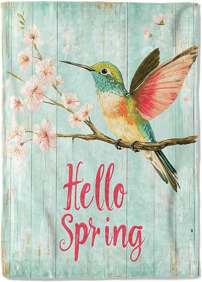 Bird Hello Spring Fleece Blanket - 60x80in Colorful Hummingbird and Cherry Blossom Throw Blankets,Soft Cozy Lightweight, Ideal for Bed Living Room Home Rustic Decor and Girls Women Gifts