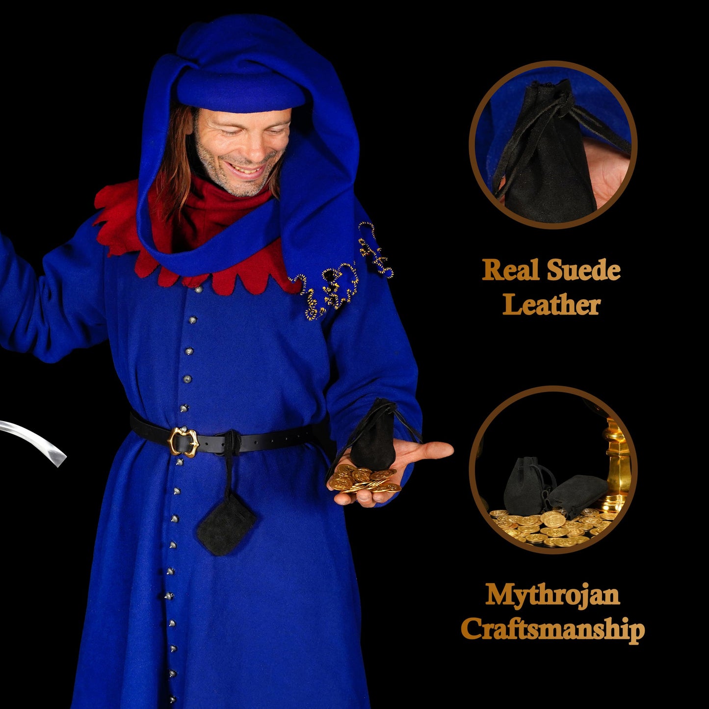 Mythrojan Small Trinket Pouches Set of 2, Suede Leather Drawstring Coin & Dice Bags for LARP, SCA, Viking & Medieval Events Color : Black