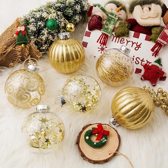 XmasExp 8ct Christmas Ball Ornaments Set -Large Clear Plastic Shatterproof Xmas Tree Ball Hanging Baubles Stuffed Delicate Glittering for Holiday Wedding Xmas Party Decoration (100mm/3.94",Gold)