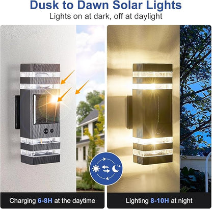 2 Pack Solar Outdoor Wall Lights with 3-Mode Motion Sensor Outside Sconces Up Down Solar Porch Light Fixtures 3000K 500LM Dusk to Dawn Modern Exterior Wall Lamp for House Garage Front Door