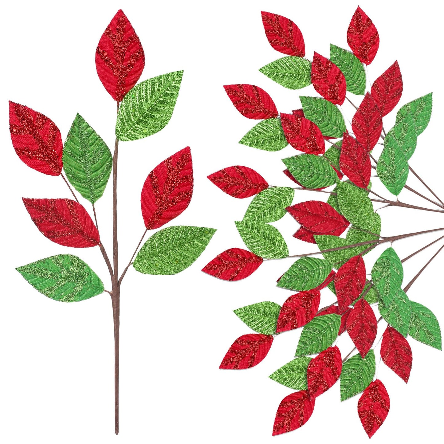 Chuangdi 6 Pcs Glitter Red Green Floral Picks Sprays Artificial Christmas Pick and Spray 14" Xmas Tree Topper Spray Christmas Leaf Stem for DIY Wreath Centerpieces Swag Garland Xmas Tree Decoration