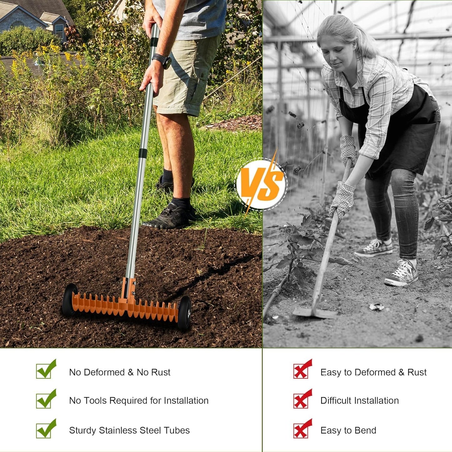 Thatch Rake for Lawn, 15-Inch Dethatcher Rake with Rolls Efficient Steel Metal Rake, Adjustable 0-15°, 38-68 Inch Handle, Heavy-Duty Thatching Rakes for Cleaning Dead Grass, Yard Garden Care