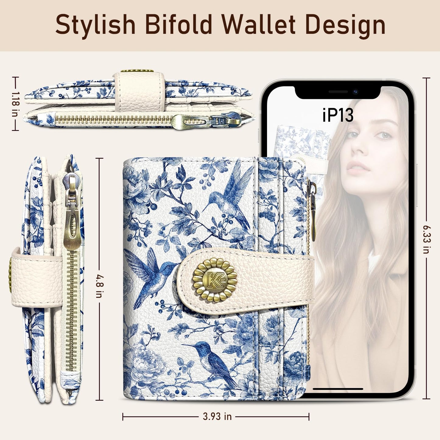 Kelvoris Bird Small Rfid Women Wallet Bifold Zipper Coin Pocket PU Leather Compact Cash Credit Card Holder Travel Wallet for Female Ladies Teen Girls 1 ID Window 10 Card Slots
