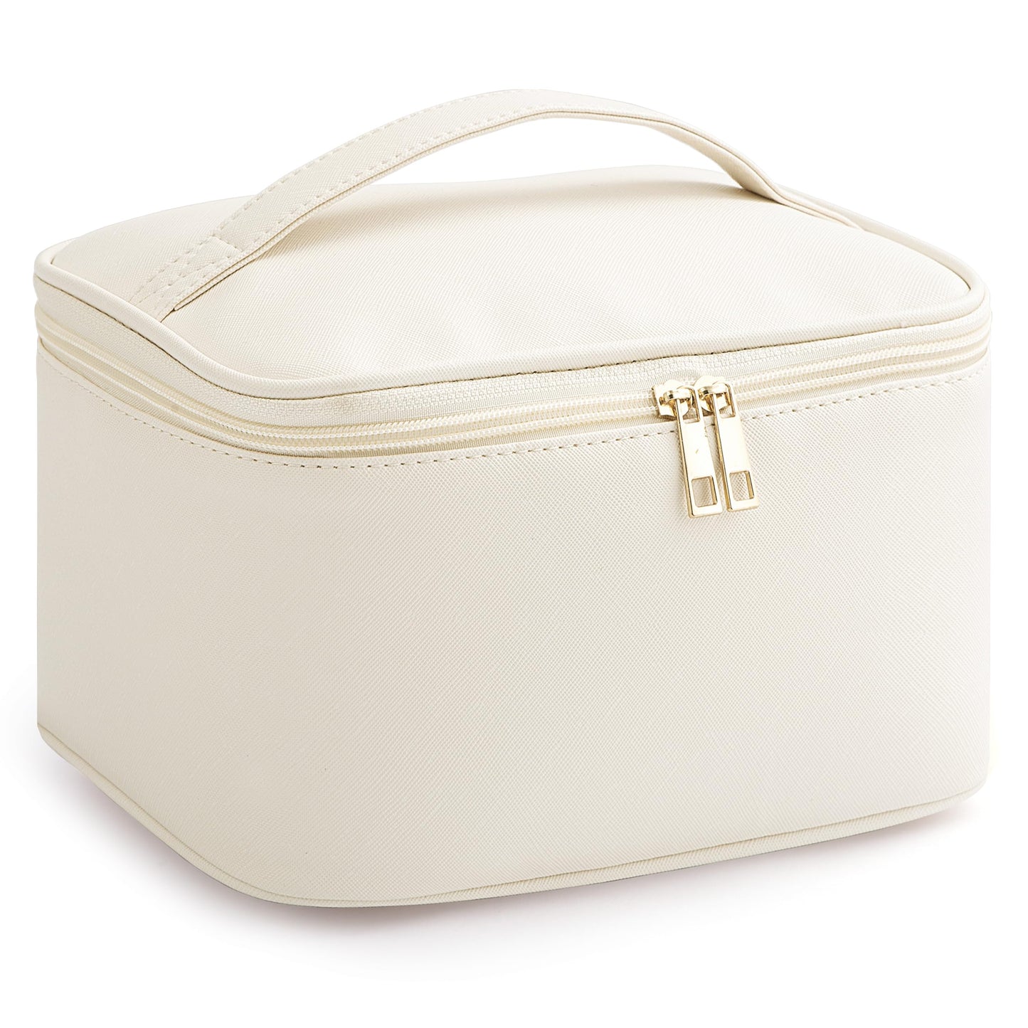 HBlife Travel Makeup Bag Portable Cute Leather Cosmetic Bag Large Make Up Bag Makeup Case Organizer Toiletry Bag for Women Girls with Handle and Removable Divider (Beige)