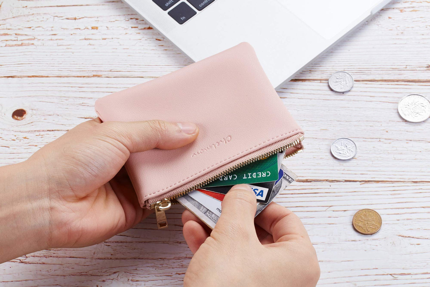 Chelmon Vegan Leather Coin Purse Pouch Change Purse With Zipper For Men Women (Pink Lotus)