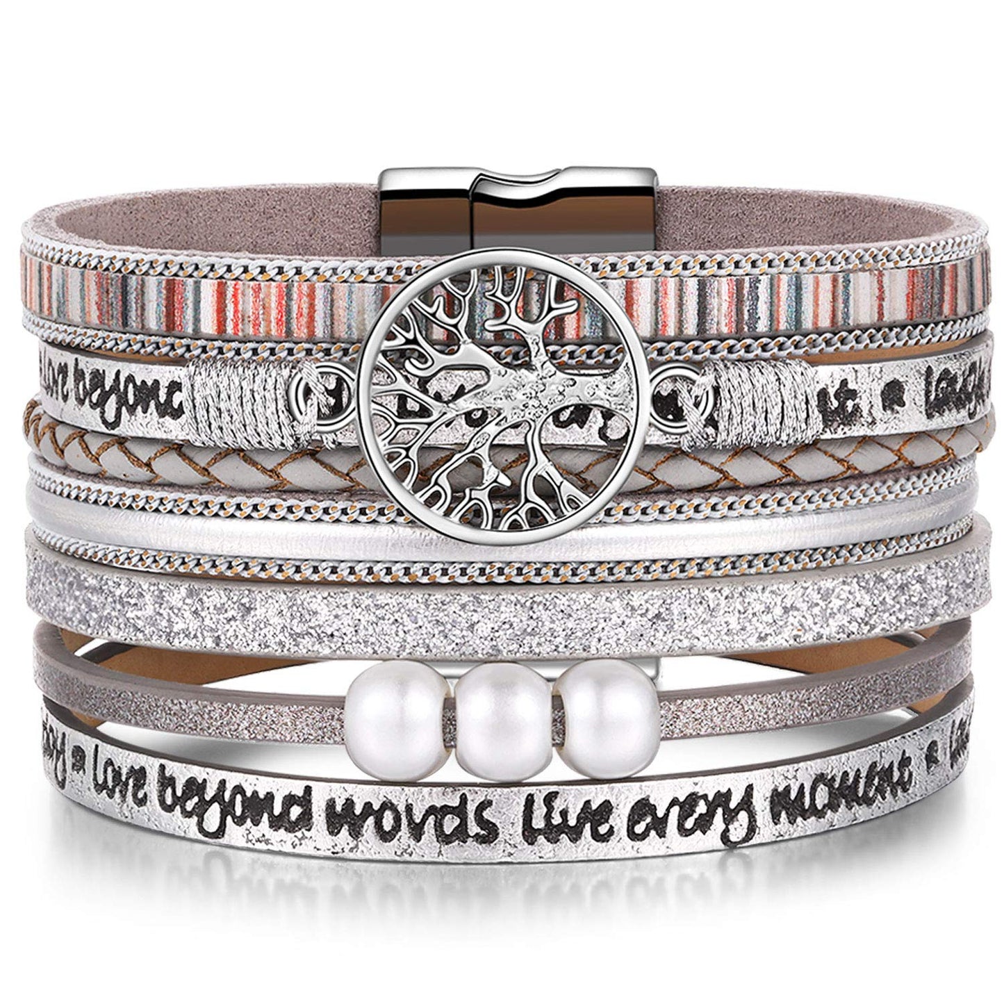 Desimtion Silver Boho Wrap Leather Bracelets for Women Buckle Multilayer Layered Jewelry Gifts Bracelet for Mom Teen Grandma