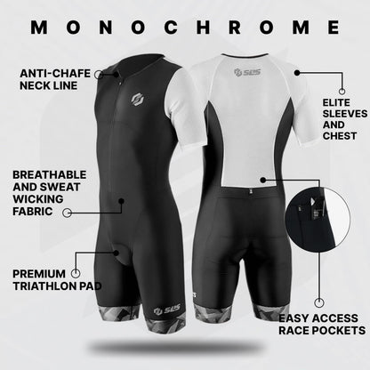 SLS3 Triathlon Suits Mens - Aerodynamic Sleeved Tri Suit Men – Lightweight Trisuit with Premium FX Fabrics - 2 Pockets (Monochrome, Small)