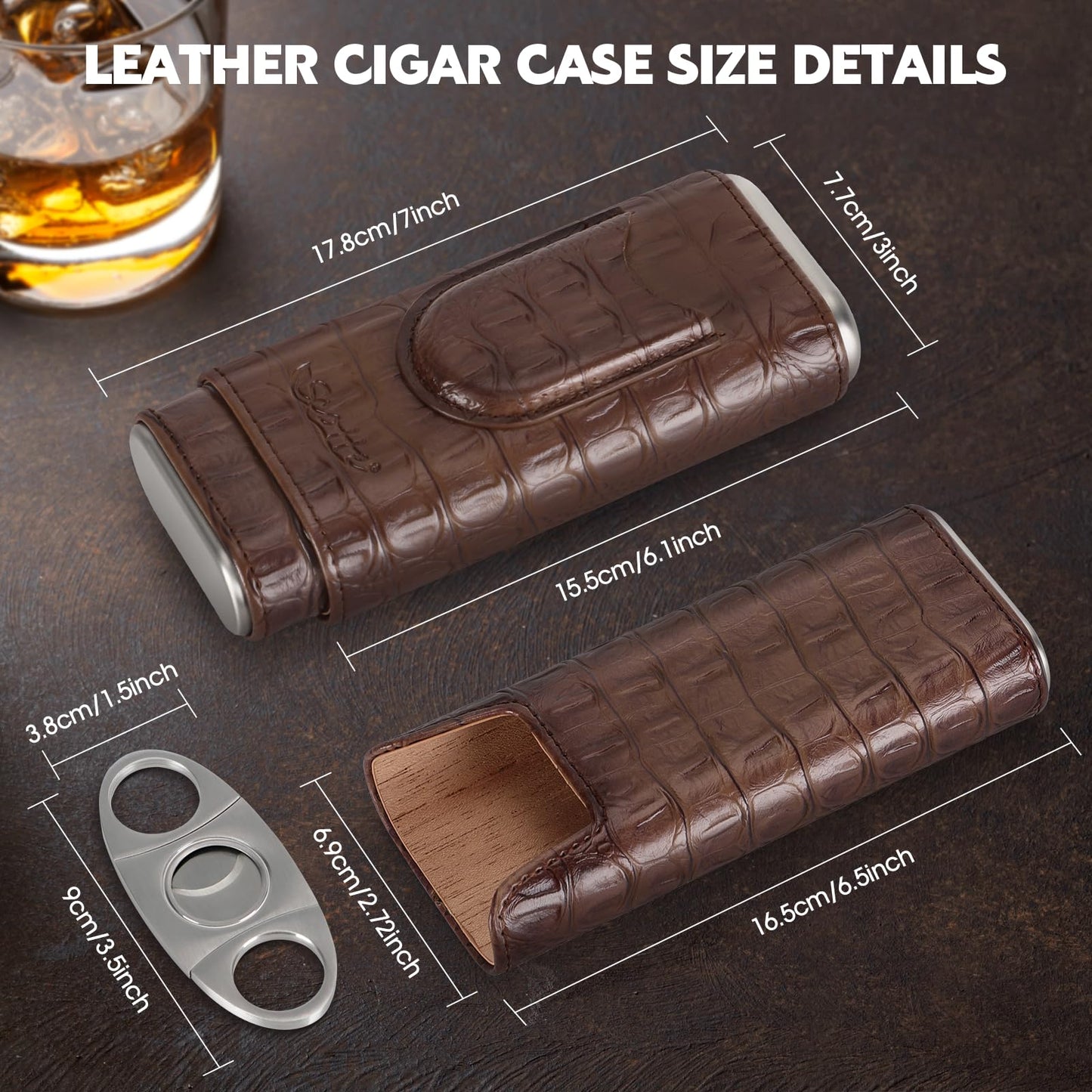 Scotte Cigar Case Leather Cigar Travel Case Cedar Wood Lined Portable Cigar Humidor Box with Cigar Cutter Elegant Cigar Box Great Cigar Accessories for Men