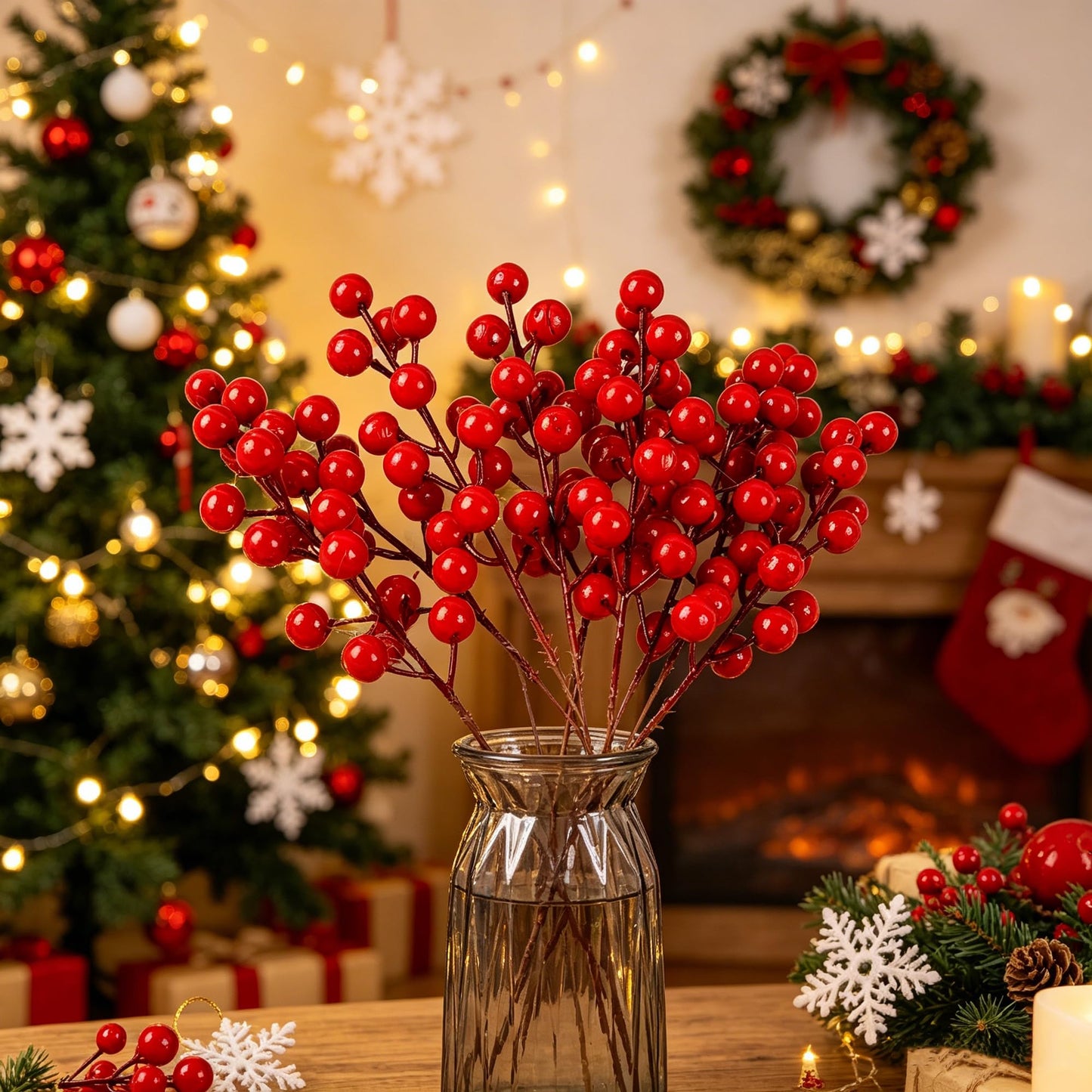 winemana 24 Pack 8 Inch Christmas Faux Picks Winter Berry Sprigs, Artificial Red Berries Stems Ornaments for Christmas Tree DIY Crafts Wreath Garland Decor