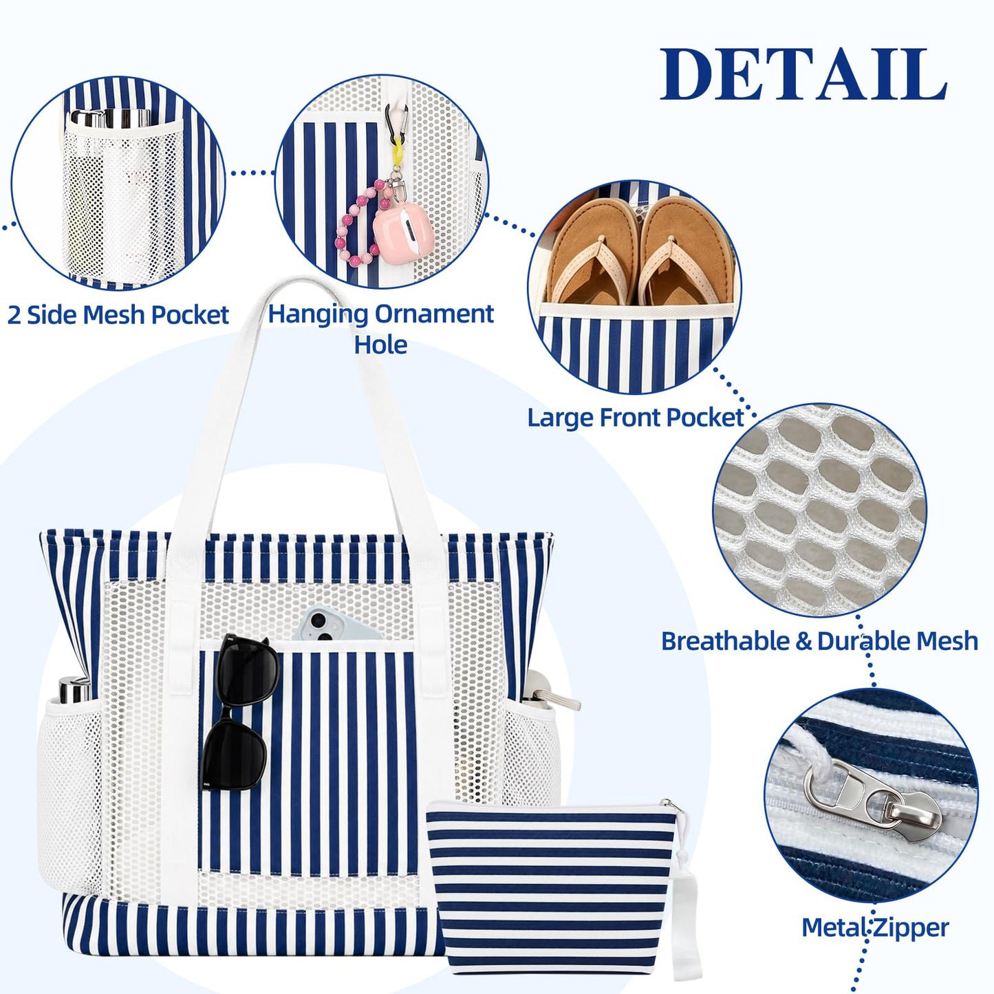 MIAOJIE Mesh Beach Tote Bags for Women Corduroy Tote Bag Sandproof Mesh Beach Bag With Zipper Pocket Pool Bag for Weekender Travel Cruise Swim -Blue Stripes