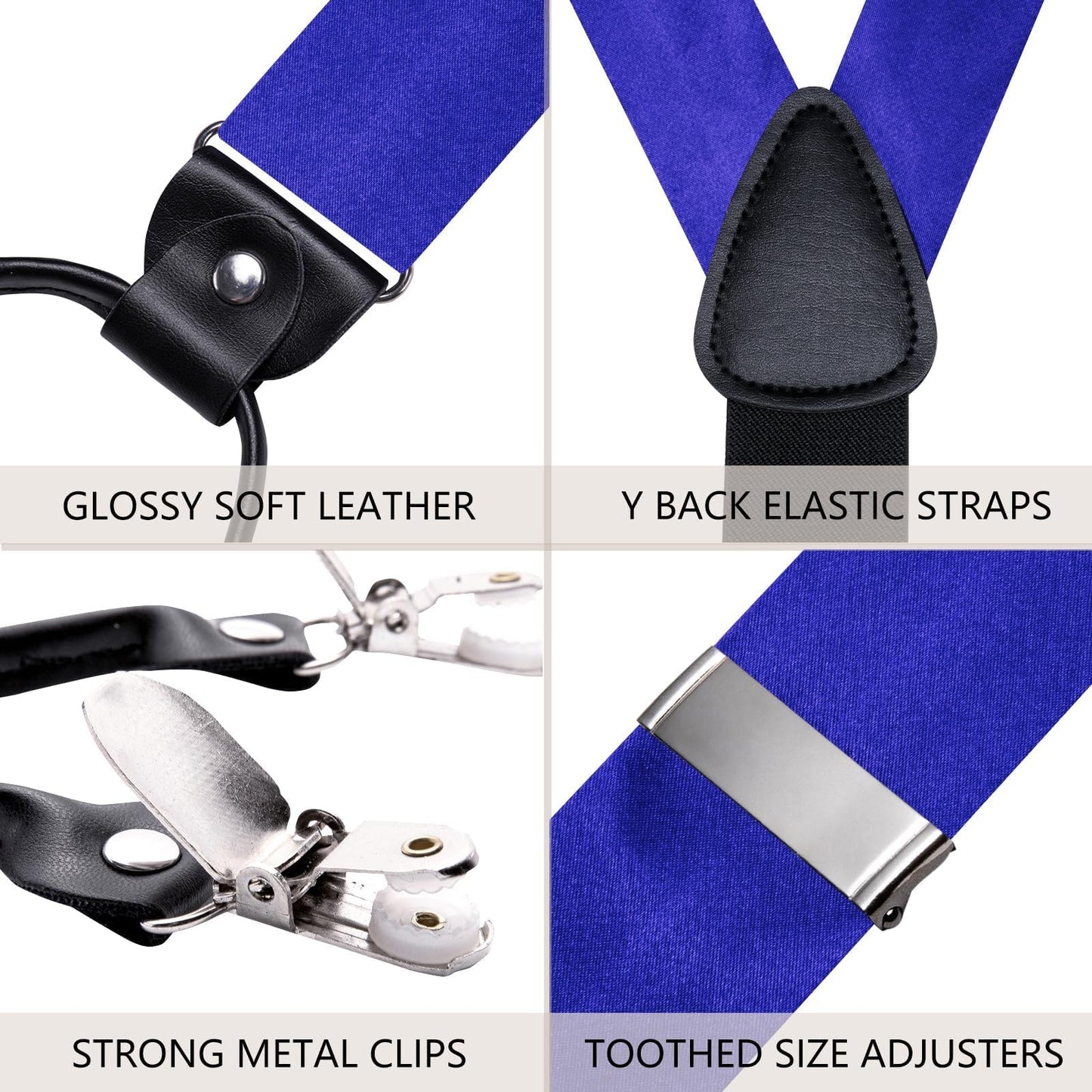 Hi-Tie Royal Blue Satin Suspender Bowtie Set for Men Suspenders Pre-tied Bow Tie Pocket Square Cufflinks Adjustable Y Shape 6 Clips Braces Tuxedo