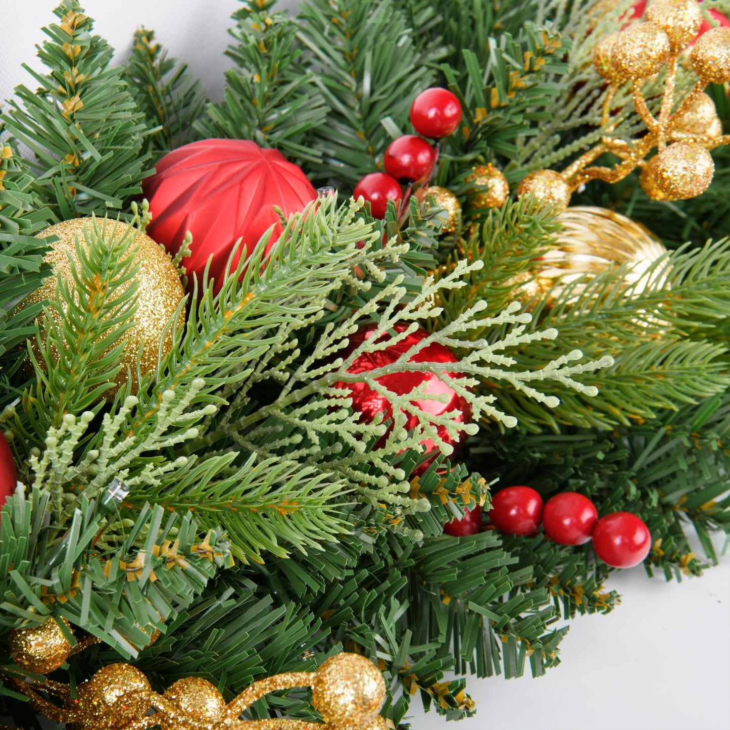 9FT Artificial Christmas Prelit Garland with 50 White Light, Pulg in, Pine Cones, Gold and Red Ball, Red Berris Mantle for Indoor Holiday Door Home Decorations Stairs Fireplaces Wall