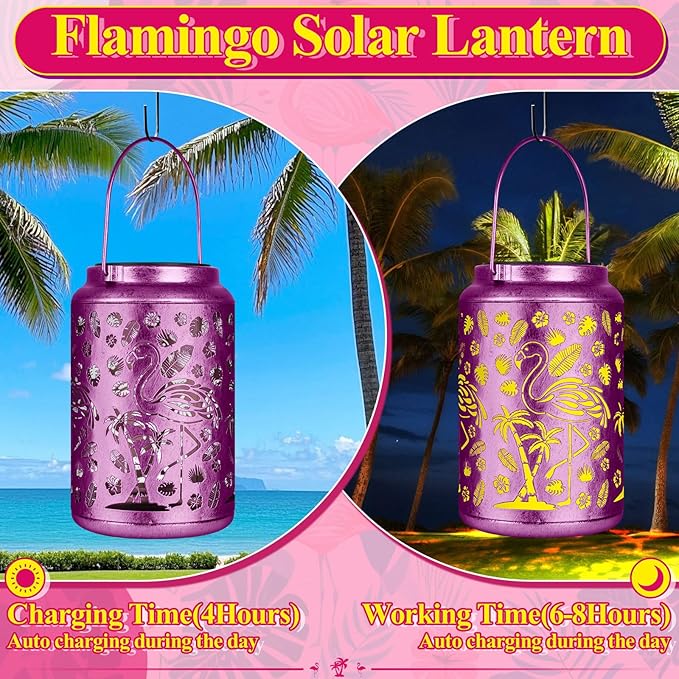 Solar Lanterns Outdoor Waterproof Flamingo Garden Decor Lantern, Gifts for Women ,Retro Metal Hanging Solar Lights Decoration Outside for Yard, Patio,Backyard,Porch (Purple