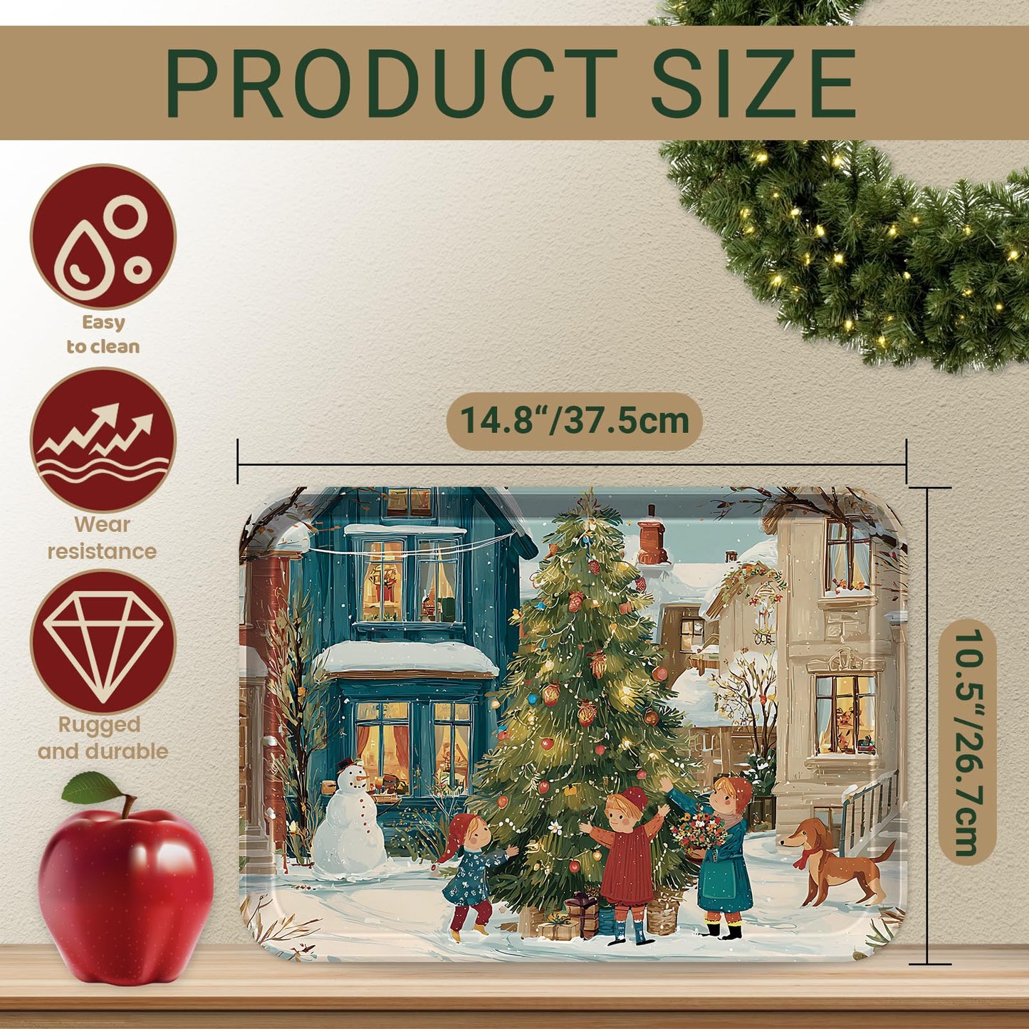 Jrusmr 4 Pack Christmas Serving Trays, 15 x 11 Inch Melamine Holiday Platters with Winter Village, Ice Skating, and Camping Designs, Reusable Festive Trays for Snacks, Cookies, and Entertaining