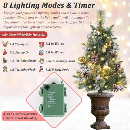 2 Packs 30 Inch Pre-Lit Outdoor Christmas Trees Urn Filler, Small Lighted Xmas Tree Holiday Décor with Multi-Color & WW Waterproof String Lights, Gold & Silver Berry Stems, 10 Pine Cones