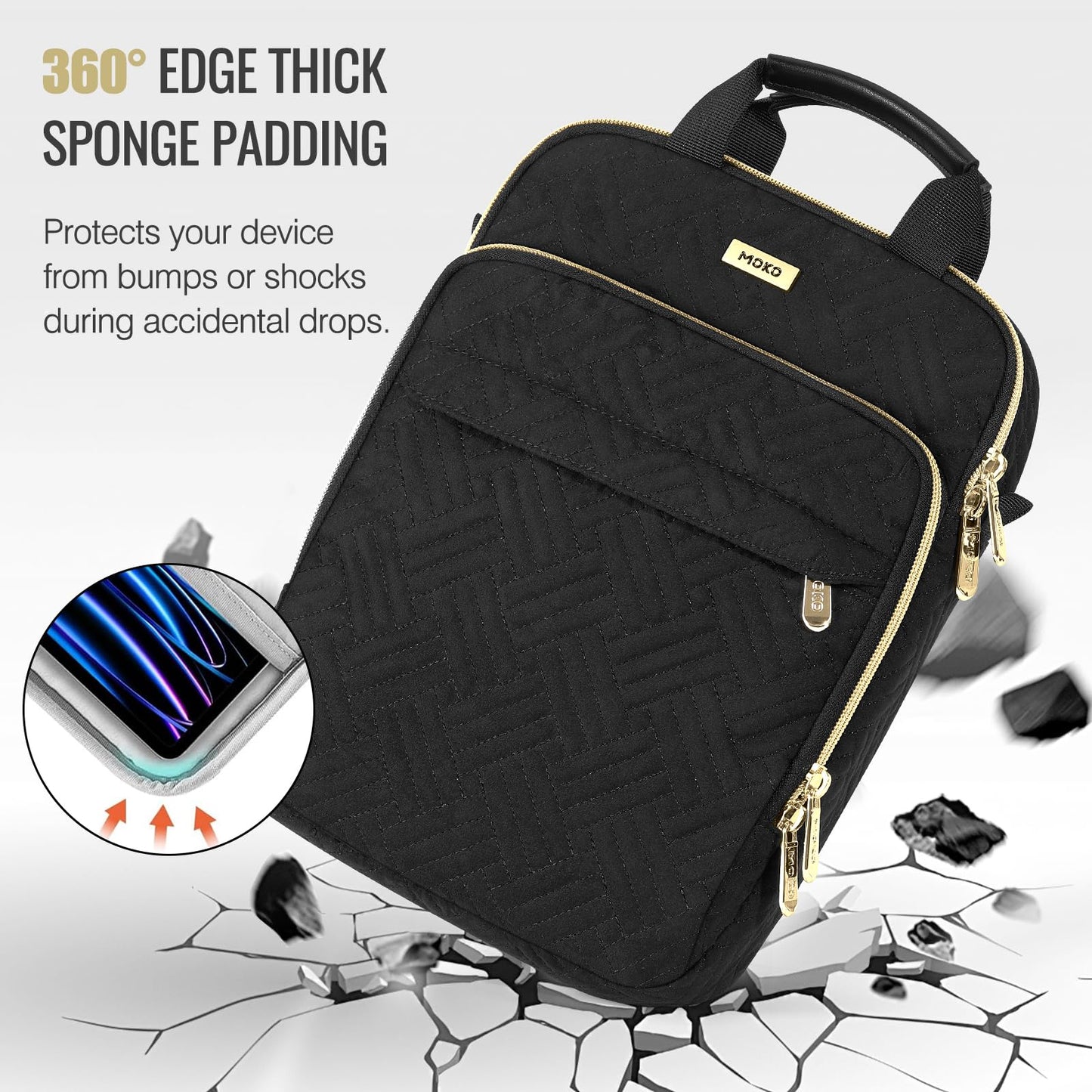 MoKo 13 Inch Puffer Tablet Sleeve Bag for New 13" iPad Air M4 2026 / Pro M5, iPad Pro 12.9" M2&M1, Galaxy Tab S8/S9 Plus 12.4", 360° Edge Protection Puffy Bag with Handle & Shoulder Strap, Black