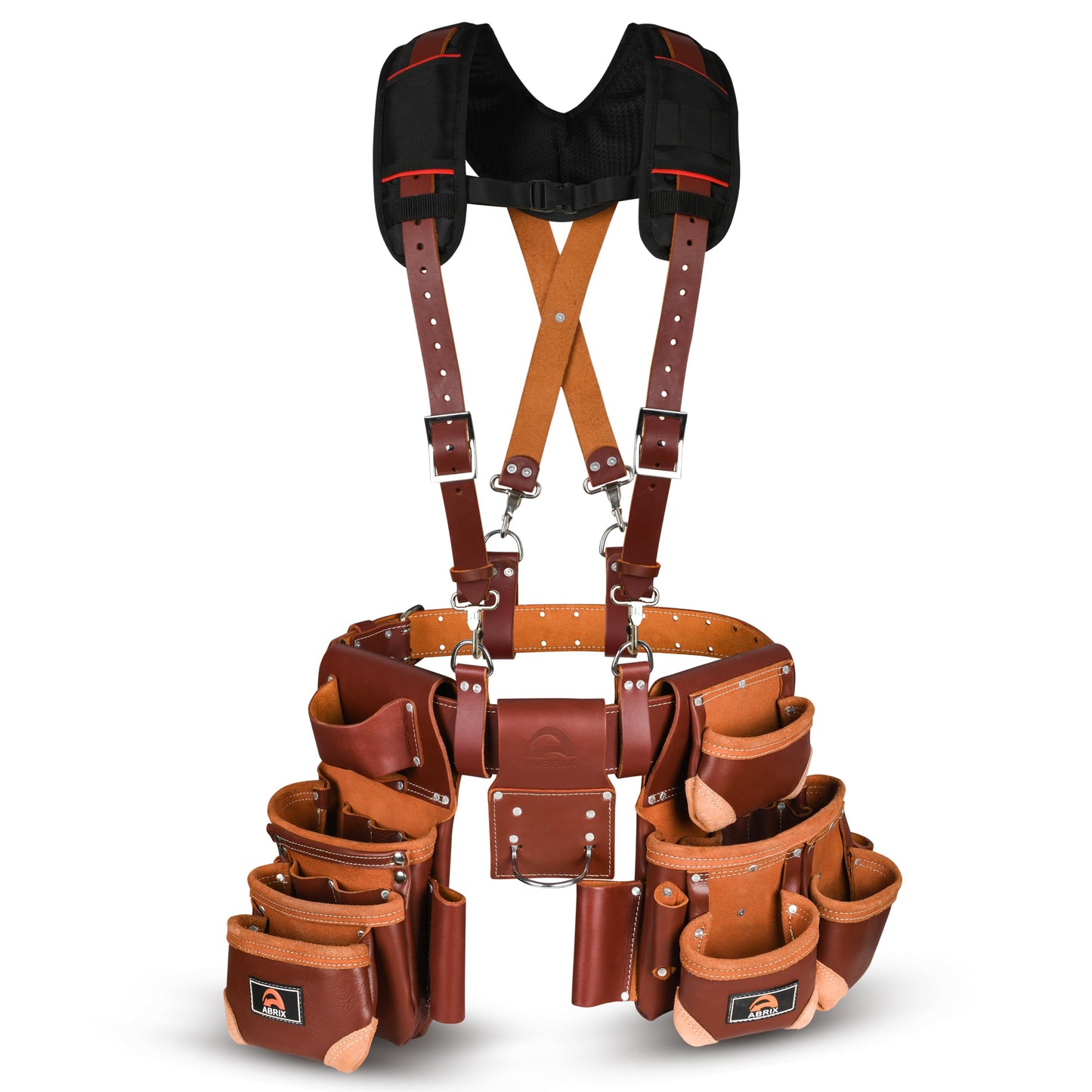 ABRIX Heavy Duty Tool Belt for Men – 4MM Thick Genuine Leather, Brass Buckle & Rivets | Foam Padded Comfort | 28-Pocket Carpenter & Framing Rig with Suspender | Work Belt Fit upto 32" to 52"