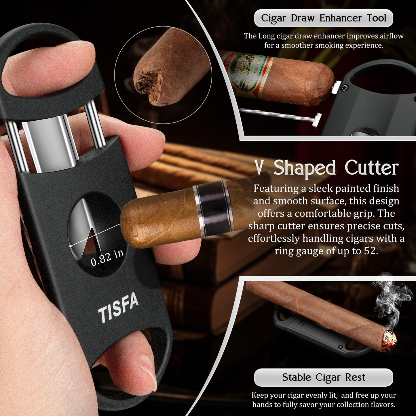 TISFA Cigar Humidor Set Travel Humidor Includes 2 Multifunctional Cutters, Hole Punch, Humidifier, Hygrometer, Portable Cedar Wood Lined Cigar Box Holder Case Gifts for Men (Black)