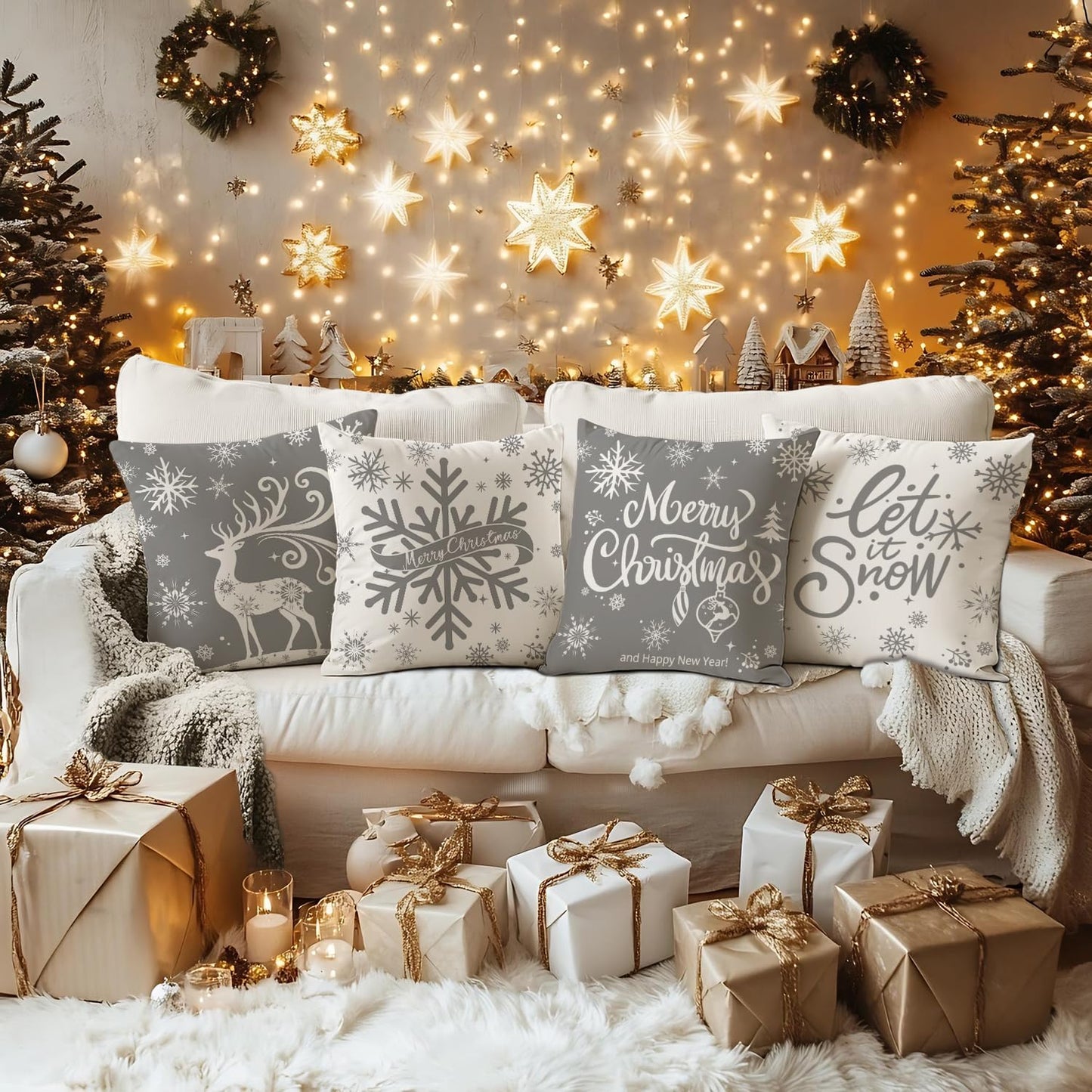 Artmag Merry Christmas Throw Pillow Covers 16x16 inch Snowflakes Let it Snow Moose Winter Holiday Grey Cushion Case for Coach Sofa Decorations Set of 4