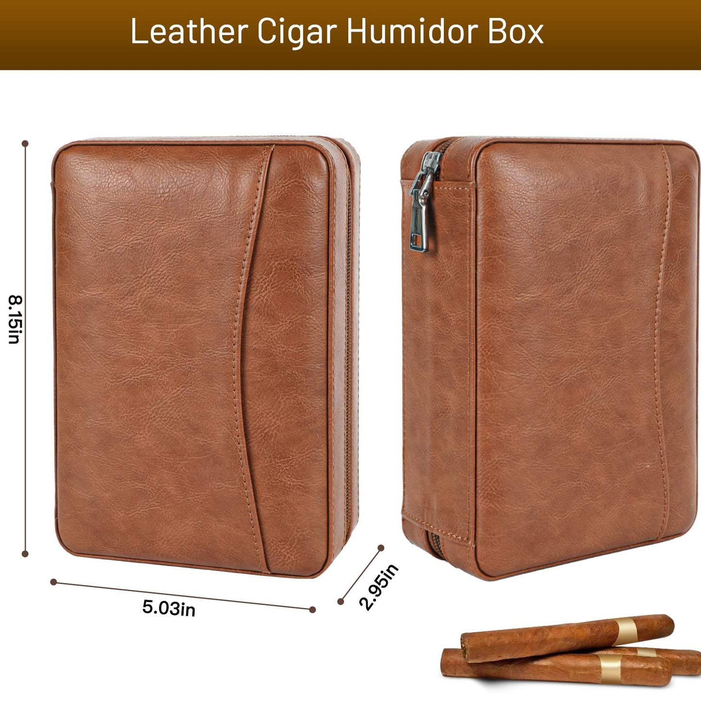 Holds 6 -Cigar Portable Brown Leather Cigar Case with Spanish Cedar Wood Interior and Card Storage Travel Cigar Humidor with Cutter ，Humidifier， Perfect for Business Trips Birthday Gifts Father's Day