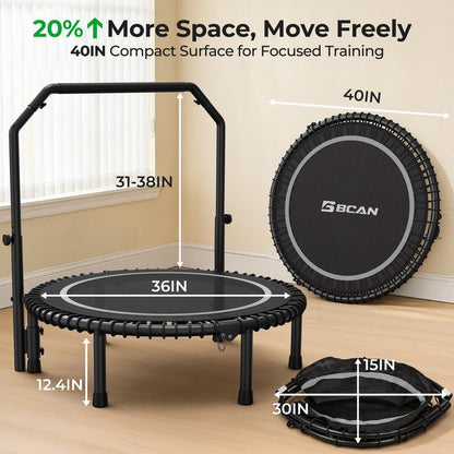 BCAN BT2 450/550LBS Mini Rebounder Trampoline for Adults with Bar, Fitness Trampoline with Bungees, Adjustable Handle, Stable & Quiet, Indoor Outdoor, Whole-Body Workout & Relaxation at Home-40IN-SLV