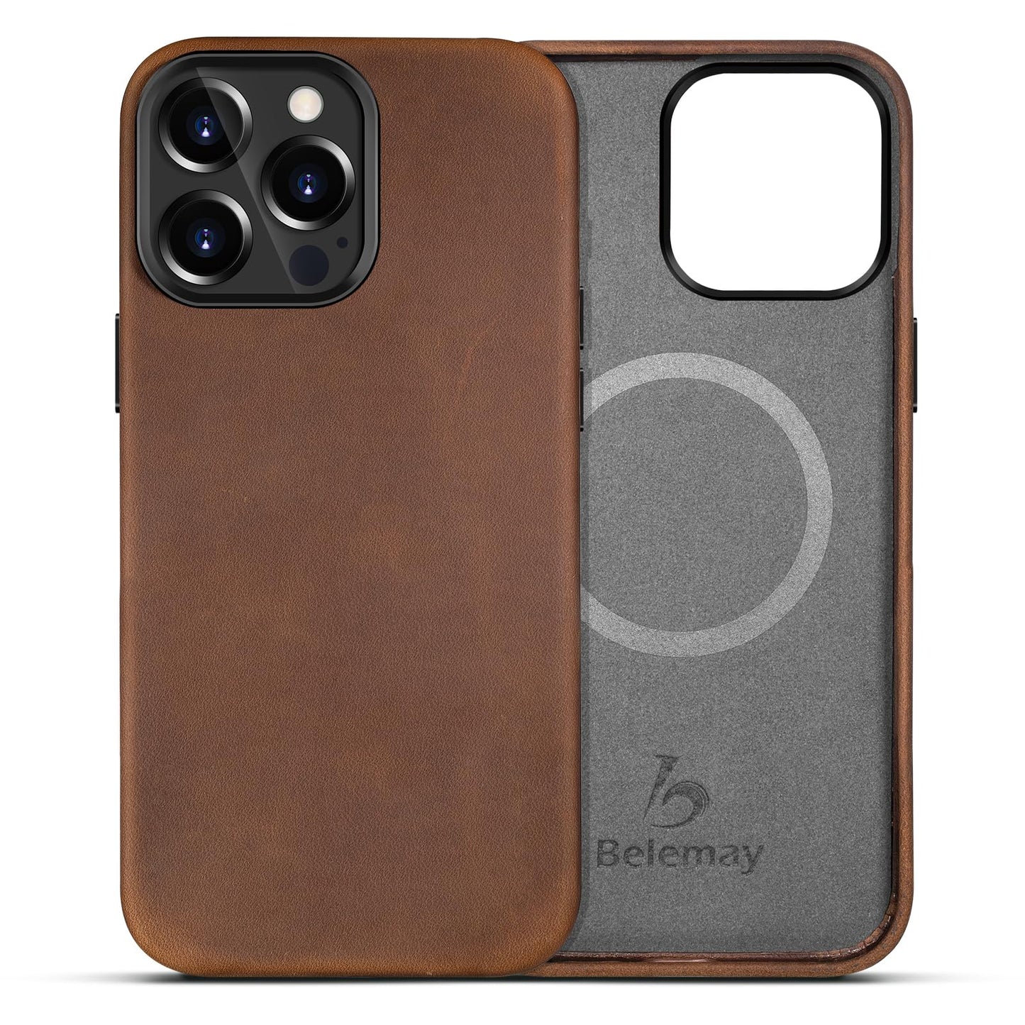 Belemay Compatible with iPhone 14 Pro Leather Case Magsafe - Top Grain Vintage Crazy Horse Leather - Metal Buttons & Camera Bezel Bump - Slim Fit & Soft - Premium Phone Cover (6.1-inch) Retro Brown