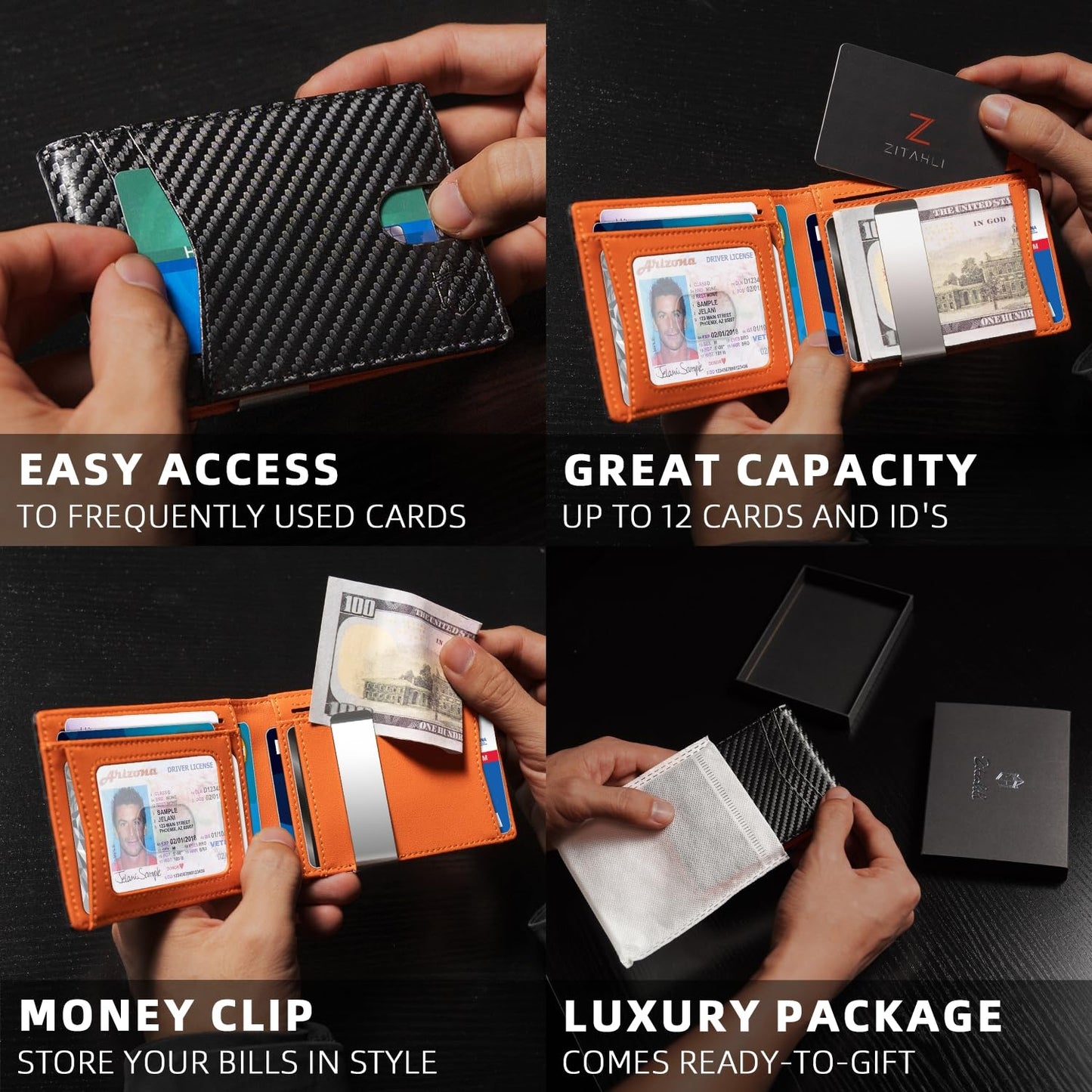 Zitahli Money Clip Wallets for Men,Slim Bifold Wallet 10-12 Cards, Mens Leather Wallet with ID Window,RFID Blocking Thin Minimalist Credit Card Holder,Gifts for Him