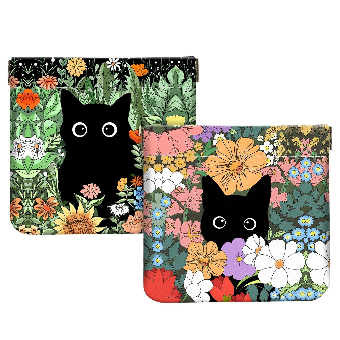 2Pcs PU Leather Small Squeeze Coin Purse Pouch Mini coin Bag Unique And Cute Wallet Cosmetic Bags Change Bag For Women Girls Men Flower And Cat