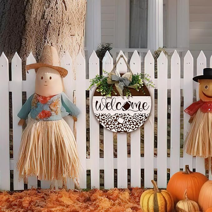 Welcome Football Front Door Sign Spring Summer Wooden Hanging Signs with Wreath And Bow Rustic Seasonal Football Game Sports Round Door Signs for Farmhouse Home Family Wall Decorations 12 X 12 Inches