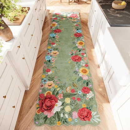 Kitchen Rug Runners for Hallways: 2'6''x10' Washable Runner Rugs for Kitchen Ultra Thin Stain Resistant Non Slip Low Pile Lightweight Vintage Floral Carpet for Farmhouse Decor (Green)