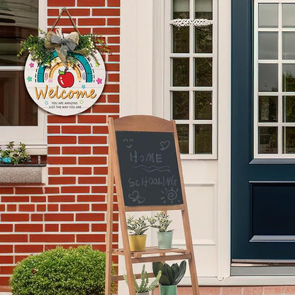 Welcome Classroom Teacher Door Sign Wooden Welcome Sign for Classroom Door Creative Rainbow Hanging Plaque Apple Pencil Star Classroom Wreath Inspirational Wall Art Kids Decor Gift 12 inch