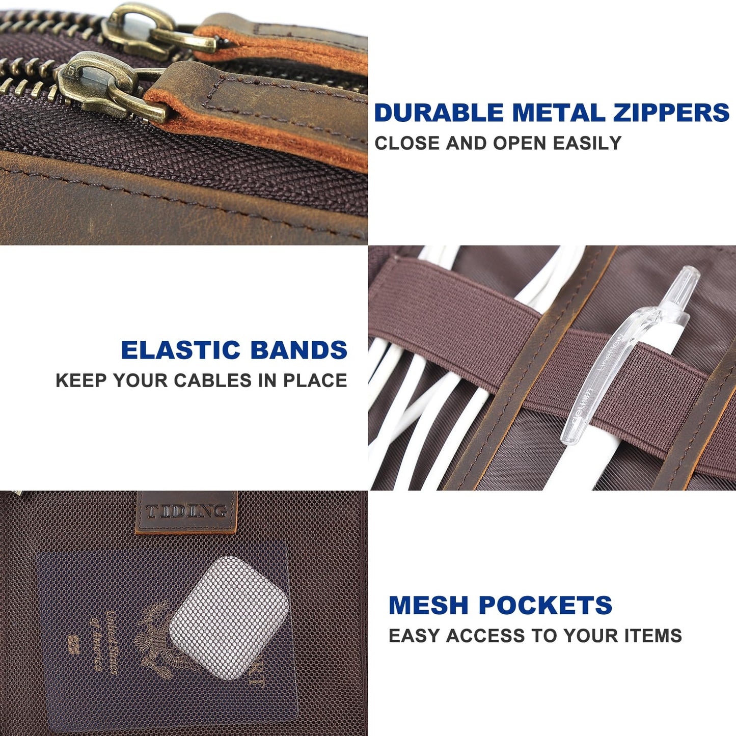 TIDING Leather Cable Electronics Organizer Case, Double Layer Travel Electronic Storage Bag for Charger, Cables, Phone, SD Card
