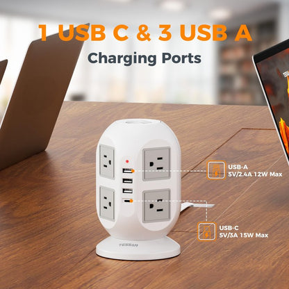 TESSAN Tower Power Strip 10 ft, Long Flat Extension Cord with Multiple Outlets, 8 AC Outlets with 4 USB Ports (1 USB C), Charging Station with, for Home Office Dorm