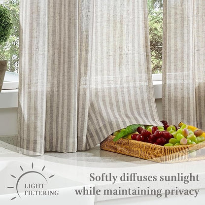 jinchan Striped Linen Kitchen Curtains with Attached Valance 36 Inch Length Cafe Tier Curtains for Living Room Rustic Half Window Light Filtering Rod Pocket Small Drapes 2 Panels Taupe Grey