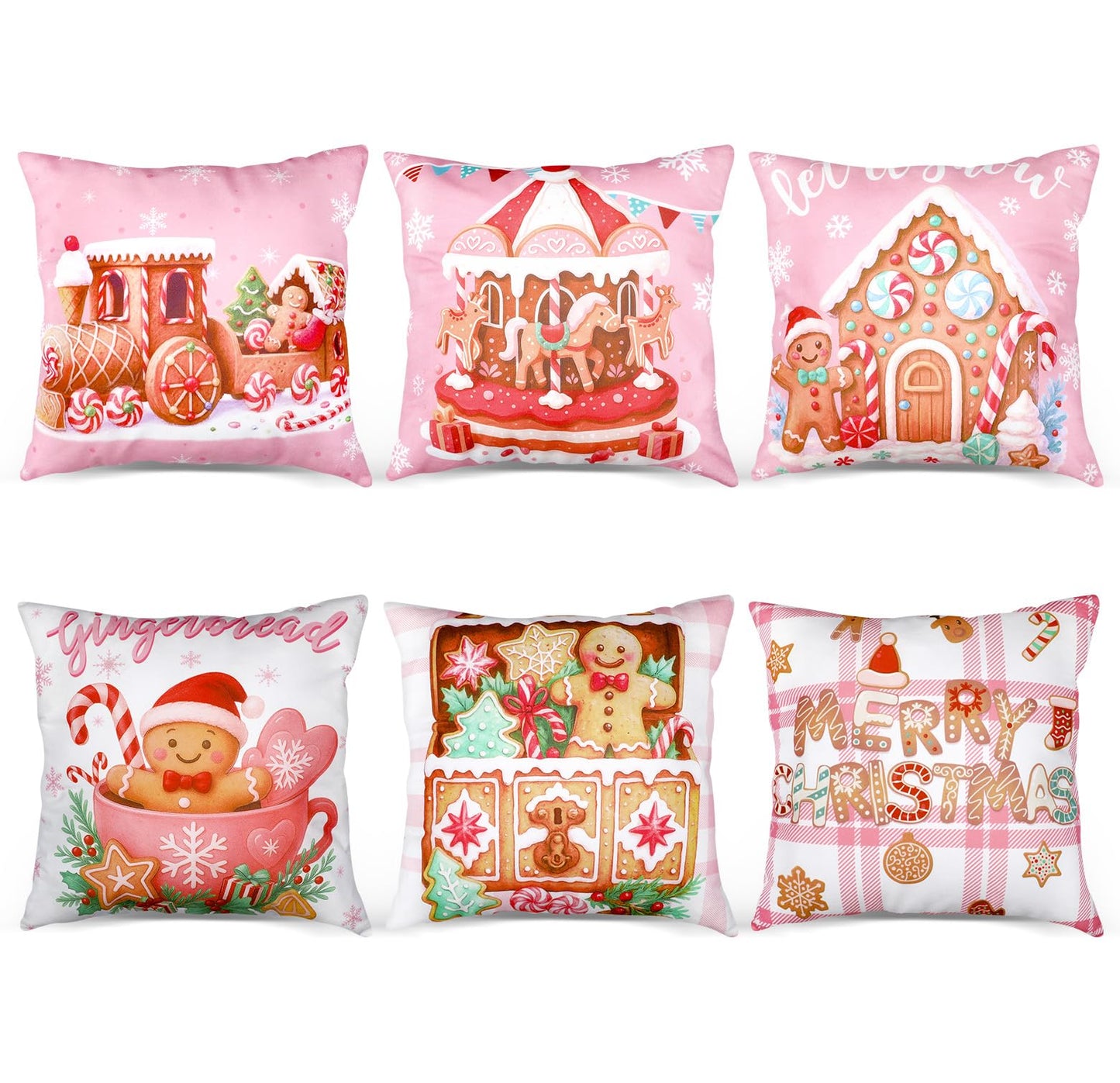 Fanfanwin 6 Pcs Pink Christmas Gingerbread Throw Pillow Covers 18 x 18 Inch Gingerbread House Truck Hot Cocoa Pink Christmas Decorative Pillow Cases for Xmas Sofa Couch Decor(Novel)
