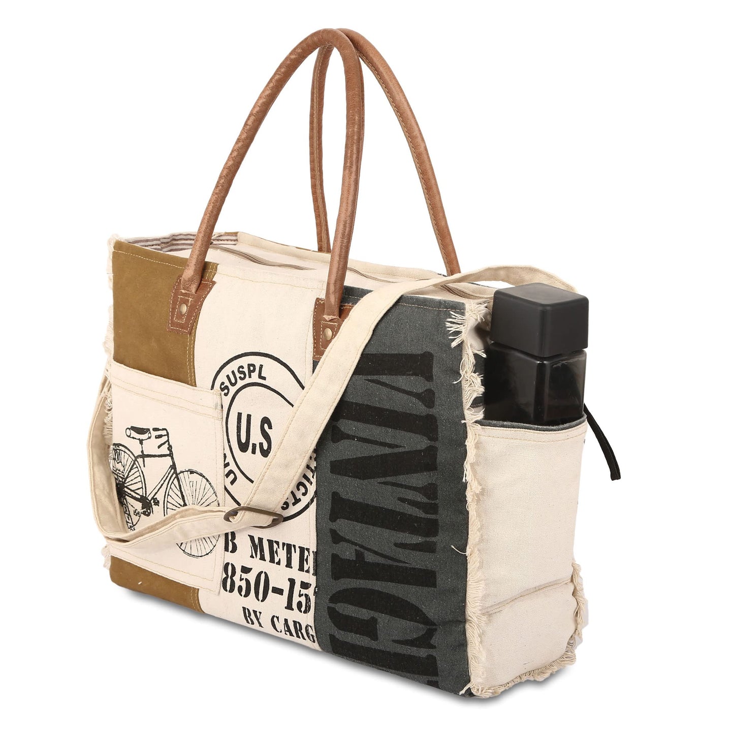 Sel De Mer Upcycled Canvas and leather Hand Bag Cowhide Tote Bag shopping bag carry on leather bag (White)