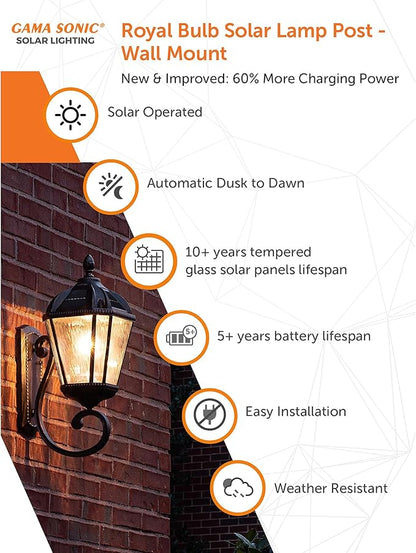 Gama Sonic Solar Outdoor Wall Light, Royal Bulb Exterior Sconce Lamp, Brushed Bronze Finish Aluminum, Clear Beveled Glass, Warm White LED, Large 21-Inch Height, 98B110 Upgraded Panel and Battery