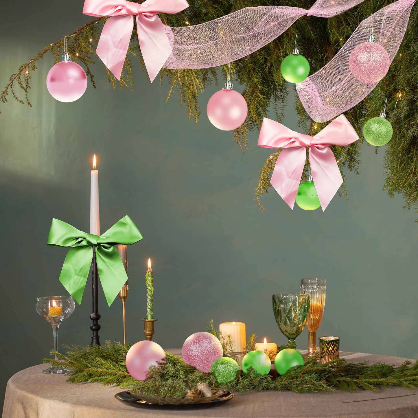 Cinrobiye Christmas Tree Decoration Set Including 48 Christmas Ornaments Balls,12 Bows,Tree Topper,Tree Skirt,Mesh Ribbon for Xmas Trees Holiday Party Garland Indoor DIY (Pink&Green)