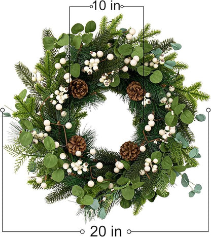 20 Inches Vintage Christmas Wreath Classic Christmas Wreaths for Front Door Rustic Holiday Winter Wreath with White Berry Pine Cones for Doors Windows Indoors Outside Hanging Decoration
