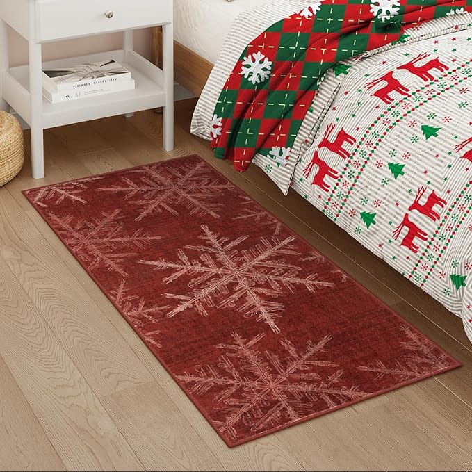 Lahome Snowflake Christmas Area Rug, 2x4 Washable Christmas Kitchen Rugs for Entryway Soft Doormat Indoor, Small Red Rug Non-Slip Holiday Decor Entryway Rugs for Bathroom Bedroom(2x4ft,Red)